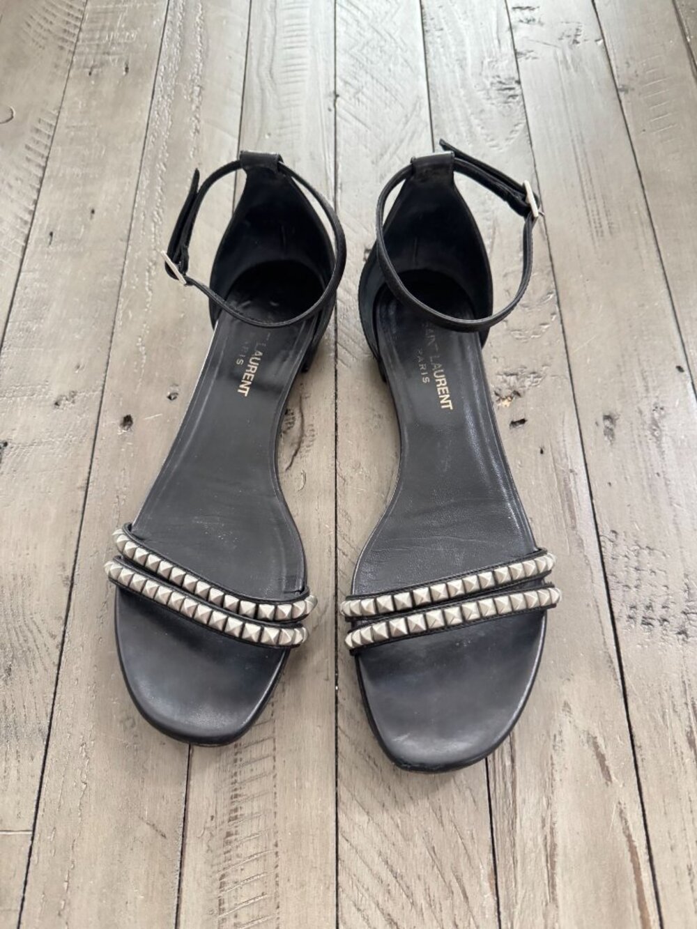 Saint Laurent Black Leather Ankle-Strap Sandals with Silver Studs - Picture 3 of 8